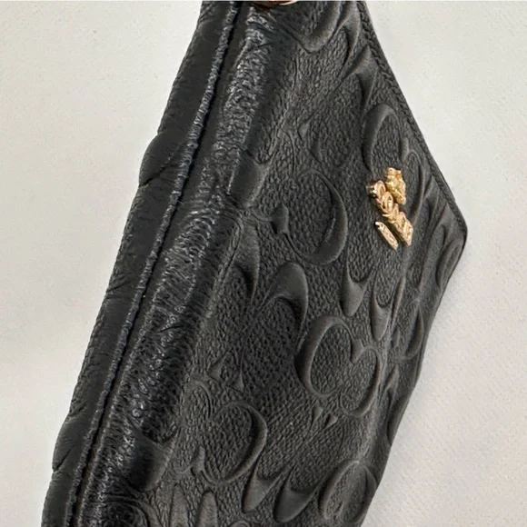 Coach Signature Black Leather Wristlet Wallet Embossed Logo Gold Hardware EUC - Picture 3 of 7